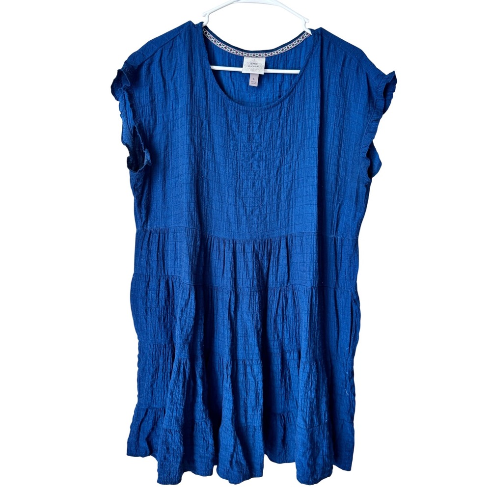 Knox Rose Blue Crinkle Gauze Tiered Mini Dress Short Sleeve Babydoll Large